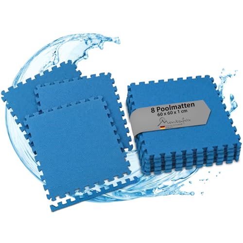 Montafox Tapis de Piscine Tapis de Base Épais Set de 8 Bleu 60 x 60 x 1 cm Éléments de Sol Dalle Mouse Piscine Spa Exterieur Protecteur de Sol pour Piscine