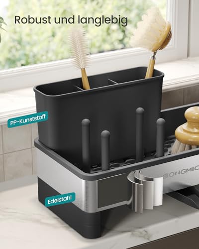 SONGMICS Spülbecken-Organizer, Küchen-Organizer mit Schwammhalter, Spüle Organizer, für Bürsten, Spülmittel, Spültuchhalter, Edelstahl, platzsparend, drehbarer Ablauf, tintenschwarz-silbern KCS555BH01 5