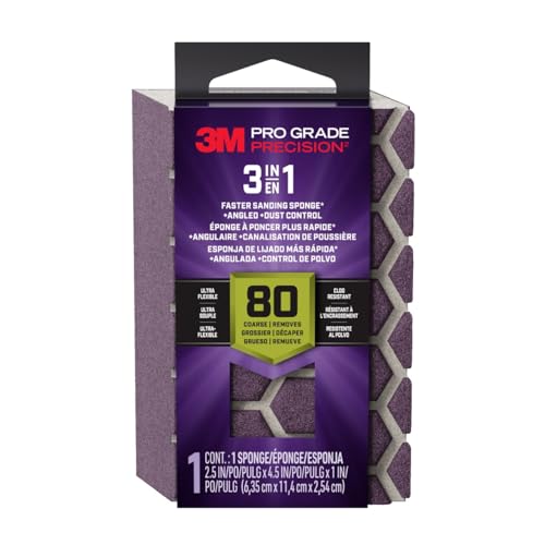 3M Pro Grade Precision 3-in-1 Sanding Sponge, 80 Grit Coarse, for Woodworking, Drywall Prep, and Refinishing, 2.5 in x 4.5 in x 1 in