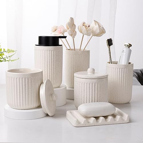 Image of BosilunLife Striped Beige Ceramic Bathroom Accessories Set of 4 | Bathroom Decor Sets Accessories Bathroom Lotion Soap Dispenser and Toothbrush Holder Set, Soap Dish, Apothecary Jars.(Liquid)