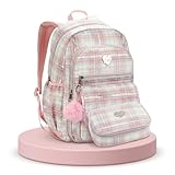 Kit Mochila Grande 46x31x14 cm + Estojo 23x15x6,5 cm – Design Xadrez Pastel, Pompom Glam, Alças Acolchoadas, Costuras Reforçadas – Para Escola, Cursos e Dia a Dia (Rosa)