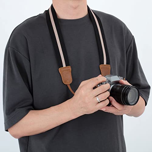 Padwa Lifestyle Black Striped Camera Strap - 1.5\" Double Crazy Horse Cowhide Head Cotton Camera Straps,Adjustable Neck Shoulder Universal Woven Straps for All DSLR Cameras and Photographers Gift