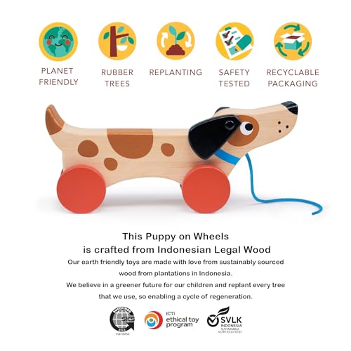 Image of Mentari Toys - Puppy on Wheels - Wooden Dog Pull Toy for Toddler Walking for 18M+ Boys and Girls - Sustainable Rubberwood - Educational Motor Skills & Imaginative Play - Gift for Preschoolers