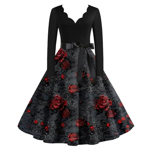Robe vintage pour femme avec motif rose et ceinture à nœud - Robe swing à manches longues style années 50 - Robe de cocktail élégante pour les occasions festives, Style_s02 Noir, XXL