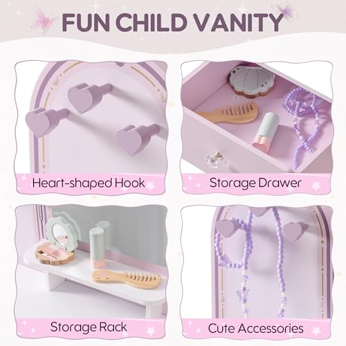 Image of ROBOTIME Purple Kids Vanity Set, Makeup Vanity Desk with Mirror, Chair and Storage Drawers, Little Girl Dressing Table with Stool for Toddlers Ages 3+