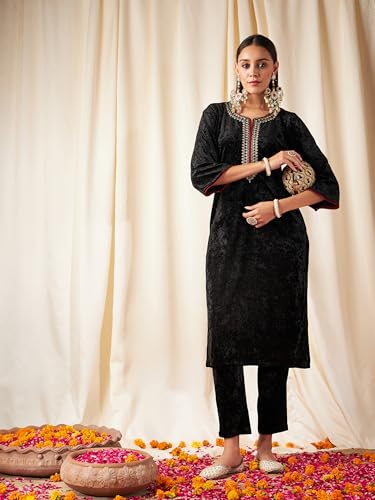 Image of Women's Velvet Floral Embroidered Straight Kurta | Round Neck Three-Quarter Sleeve Calf Length Kurti with Thread Work