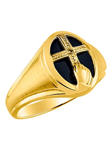 Image of Rylos Unisex Sterling Silver or Yellow Gold Plated Silver Religious Cross Prayer Ring with Diamonds and Black Onyx - Deigner Jewelry in Sizes 8-13