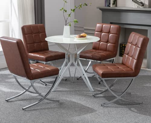 Ealson Modern Tufted Dining Chairs Set Of 4 Leather Upholstered Dining Room Chairs With Chrome Metal Legs Mid Century Kitchen Chairs Armless Side Chairs For Dining Room Living Room, Brown #TOP5