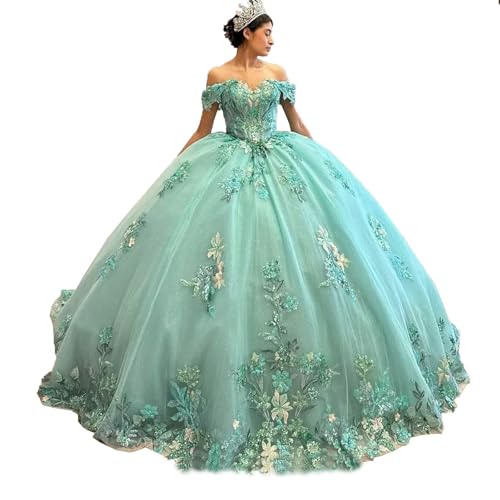 Women's Quinceanera Dresses Off The Shoulder Floral Flower Appliqued Princess Sweet 16 Gowns for Women