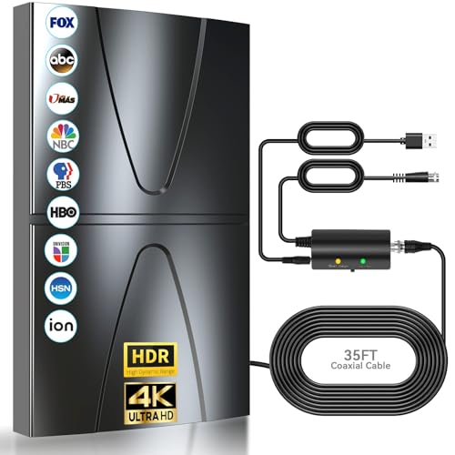 600km+ Antena TV Interior Potente，2026 Nueva Antena TDT Interior con Amplificador De Señal En，360°Recibe Canales De TV De Alta Definición 8K 4K 1080P，Compatible con Todos Los Tvs，Cable Coax De 10M