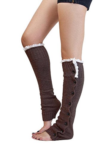 Image of GK-O Women's Kawaii Lolita Lace Knitted Leg Warmer Over Knee Thigh-high Button Socks (Coffee), Medium