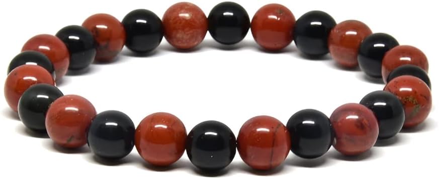Natural Red Jasper & Black Onyx Bracelet – AAA Genuine 8mm Gemstone Beads | Handmade Healing Crystal Stretch Bracelet for Men & Women, 6.5 Inch Wrist