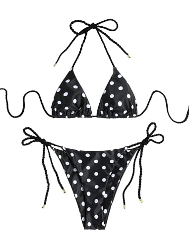Image of ZAFUL 2 Piece Triangle Bikini for Women Knitted Rope Halter Bikini Sets Sexy Bathing Suit Side Tie Swimsuits Beachwear