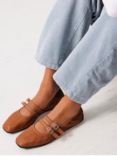 Coutgo Womens Mary Jane Flats Shoes Dressy Comfortable Square Toe Double Strap Soft Work Slip on Ballet Flat3