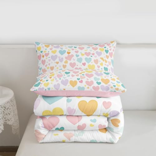 Image of Erosebridal Girls Heart Pattern King Bedding Set Rainbow Heart Comforter Set for Kids Teens Kawaii Valentine Theme Comforter Cartoon Geometric Quilt