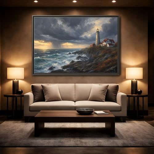 Tableau tempête phare d'écume cadre blanc 60x40 cm - 2
