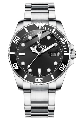 MASTOP Men Silver Stainless Steel Watches Rotatable Bezel Calendar Waterproof Black Dial Luminous Wristwatch (Black)