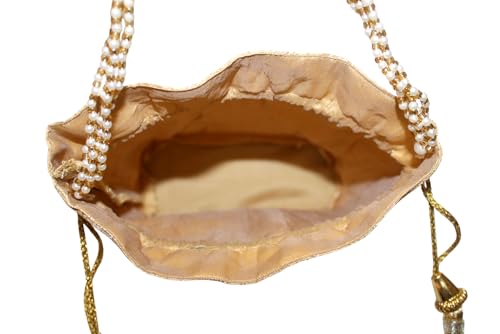 Image of MILAN'S CREATION Banarasi Silk Brocade Potli Bag Purse With Base Drawstring Women's handbag with Pearl Handle & Tassel Weddings