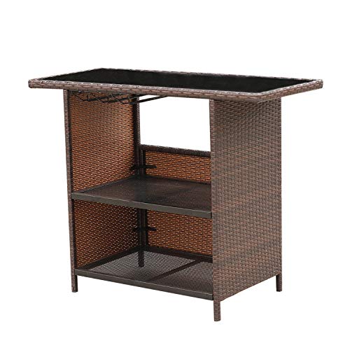 Outdoor PE Wicker Bar Counter Table with 2 Steel Shelves Design and 3