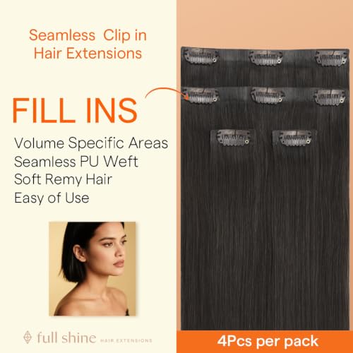 Image of Full Shine Clip in Hair Extensions, Soft Black, Invisible PU Weft | Real Human Hair, 20 Inch 95g 4 Pcs, Targeted Volume with Added Length, Soft Silky Hair, Wedding Guest, Long Hair