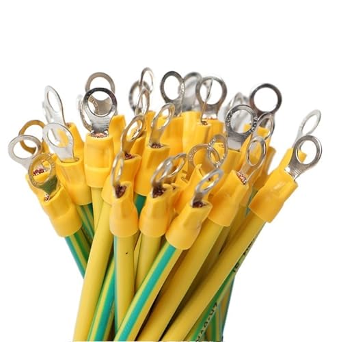 outdoor extension 50PCS Flexible Copper Solar Earth Wire Cable Solar Photovoltaic Grounding Wire with Terminals 10AWG 12AWG 14AWG Yellow Green solar sheathed(Color:10 AWG,Size:15cm)