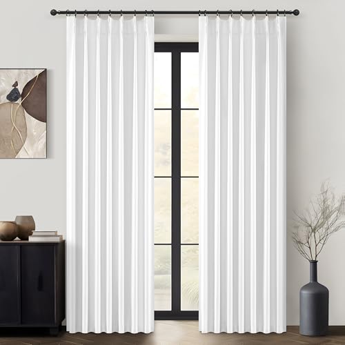 Image of Solid White Blackout Varil Drapes 84 Inch Length 2 Panels Set for Bedroom, Modern Pinch Pleated Curtains Sun /Heart Block Privacy Linen Textured Living Room Window Curtains Hook Back Tab 7FT Decor Burg