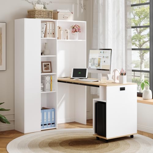 GAWYOEX Escritorio plegable con estante, estantería 2 en 1 y escritorio, escritorio de esquina blanco con enchufe y puerto USB, escritorio con armario, mesa de oficina para dormitorio (blanco)