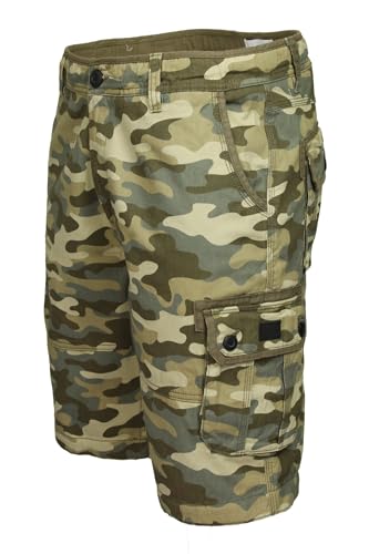 Image of Xact Mens Camo Cargo Shorts Heavyweight Cotton Twill 6 Pocket Regular Fit 11 Inch Utility Combat Summer (Khaki Camouflage) 38