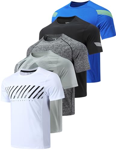 5 Pack Boys Athletic T Shirts, Youth Kids Dry Fit Short Sleeve Tees Performance Tops Activewear Clothing Bulk (Set 3, Large)