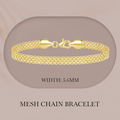 14K Gold Bracelets for Women Non Tarnish Mesh Link Chain for Womens 5.6mm Width Charm Bracelet for Men Jewelry Diamond Cut 5 Sizes2