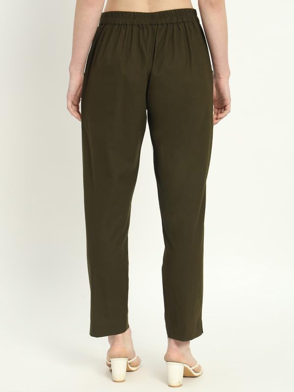 Image of Women's Solid Straight Fit 100% Cotton Trousers | High Waist, Side Pockets, Ankle Length Pants for Office, Casual