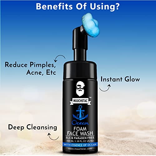 Muuchstac Ocean Foam Face Wash for Men | Fight Acne & Pimples, Brighten Skin, Clears Dirt, Oil Control, Refreshing Feel - Multi-Action Formula | 100 ml