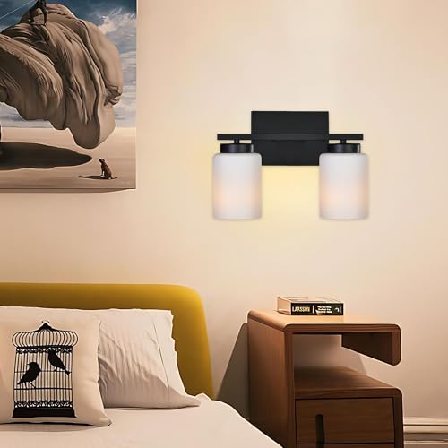 Image of 2 Light Matte Black Bathroom Light Fixtures, Indoor Modern Vanity Light Over Mirror Wall Sconces with Milky White Frosted Glass Shades for Bedroom Hallway Gallery