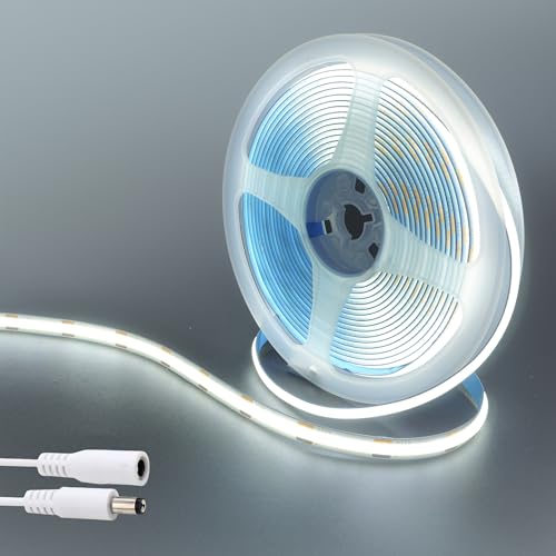 Image of 12VCOB LED Strip Lights with 5521DC Male and Female Connectors,8mm Width,6.56FT /2M,480LEDs /M,Cool White 6500K Bright Lights,Not Waterproof IP20,for DIY Home Indoor Decoration