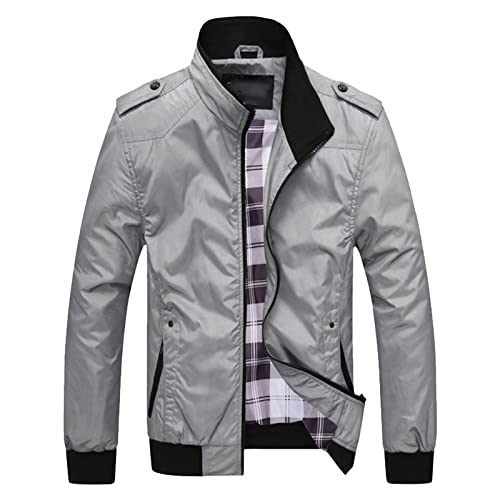 Maiyifu-GJ Men's Casual Lightweight Military Jacket Spring Fall Stand Collar Outdoor Windbreaker Windproof Slim Fit Army Coat (Light Grey 1,Large)