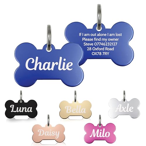 Personalised Dog Tags for Pets Engraved UK Cat Dog Name Identity Pet Tags Doggy Kitten Kitty Puppy Deep Engraved ID Stainless Steel (Bone Shape - Blue)