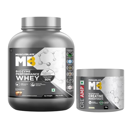 Image of MuscleBlaze Biozyme Performance Whey Protein Powder, Kesar Thandai (2kg / 4.4lbs) & Micronised Creatine Monohydrate CreAMP Powder, Unflavoured (32 Servings, 100g) | Pack of 2