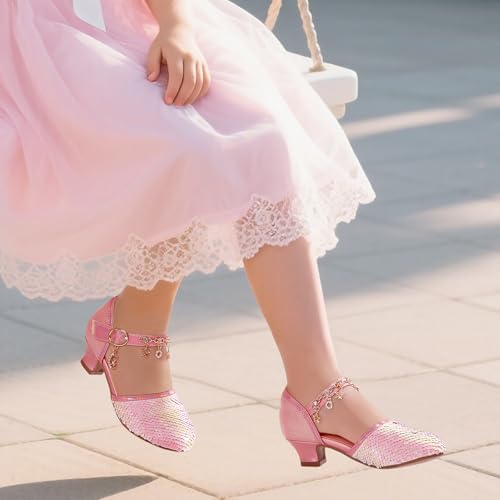 PANDANINJIA Girls Sandals Sequins Princess Dress Shoes Closed Toe Low Heels3