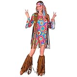 W WIDMANN MILANO Party Fashion - Disfraz hippie para mujer de 4 piezas, vestido, chaleco, diadema y collar Peace, carnaval y festival