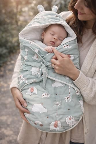 Image of VoiDrop Baby Swaddle Wrap for Newborn 0 to 9 Months, Baby Sleeping Bag with Hood, Muslin Swaddle for All Season, Animal Print-Green
