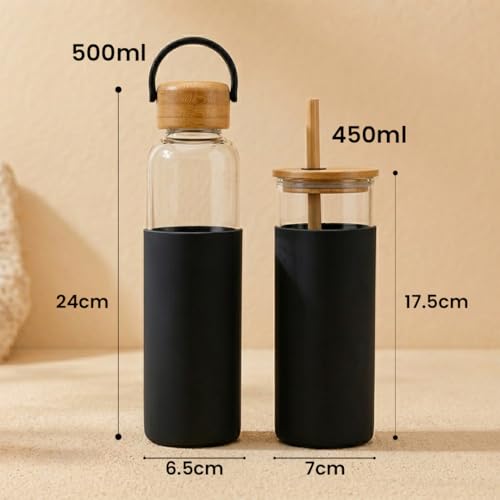 Image of Giftana Personalized Borosilicate Glass Water Bottle 500ml with Glass Sipper Tumbler 450ml, Reusable Leakproof Drinking Bottle with Silicone Sleeve, Eco-Friendly Bottle for Office Gym Travel (Black)
