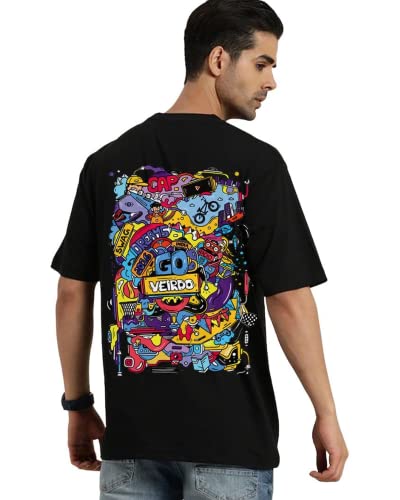 Image of Veirdo Pure Cotton Oversized Loose Baggy Fit Round Neck & Half Sleeve Cool & Aesthetic Back Doodle Graphic Printed Black T-Shirt for Men (Available in S to 2XL)