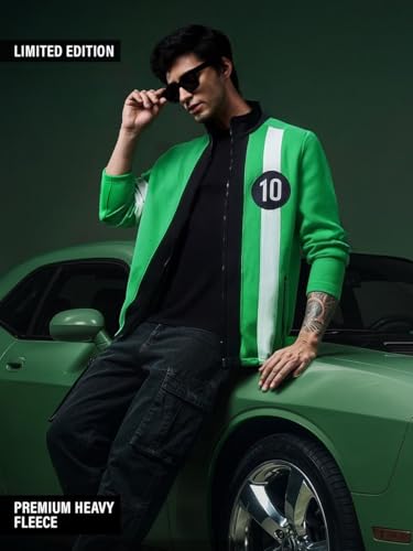 Image of The Souled Store Ben 10: Alien Force Men and Boys Full Sleeves Mock Neck Green and Black Graphic Printed Cotton Blend Regular Fit Lightweight Winter Casual Jacket