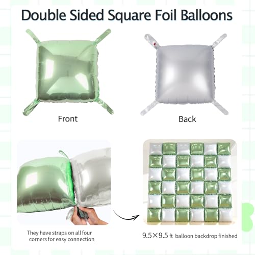 36pcs Sage Green & White Square Foil Balloons - Double-Sided Mylar Balloon Backdrop Kit for Birthdays, Graduation 2026, New Year, Photo Booth Decor (9.5ft x 9.5ft Checkered Wall/Tunnel) by ZizasAry - Image 2
