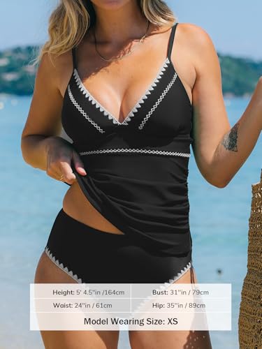 CUPSHE Women's Tankini Sets Two Piece Swimsuit V Neck Ruched Shell Stitched Bathing Suit Spaghetti Adjustable Straps4