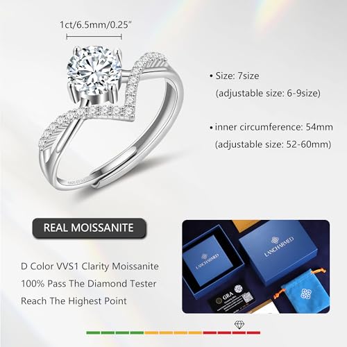 1 Carat Moissanite Rings for Women Sterling Silver Adjustable Engagement Wedding Promise Rings Sterling Silver D Color VVS1 Lab Created Moissanite Ring Jewelry for Women4