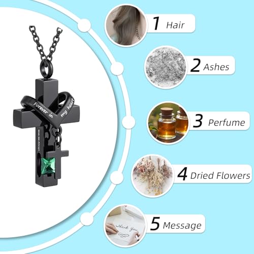 Cross Urn Necklace For Ashes Of Loved Ones With Birthstone - Forever in my heart - With Me Always Cremation Jewelry Keepsake Pendant Women Men - Image 5