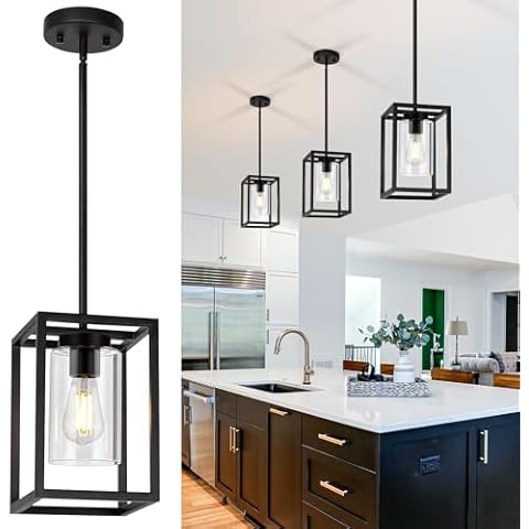 Mlihove Pendant Lights Kitchen Island Black Farmhouse 1-Light Small Chandeliers Industrial Modern Light fixtures Ceiling for Dining Room Hallway Foyer with Clear Glass Shade Hanging Adjustable Cover