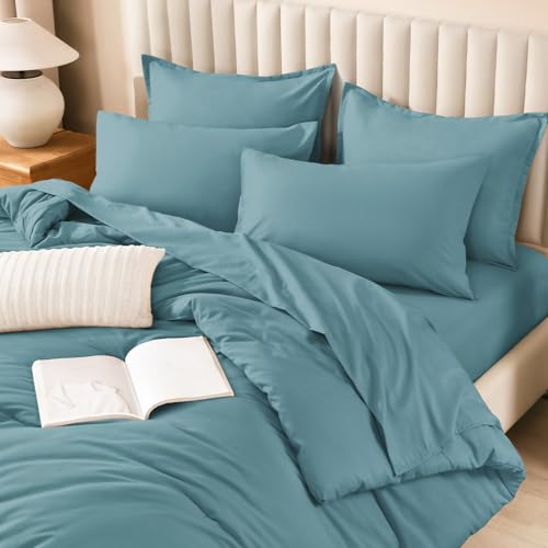 Image of Litanika King Size Comforter Set Grayish Teal - 7 Pieces Bed in a Bag King Bedding Comforter Sets, Solid Lightweight Bed Set with Comforter, Sheets, Pillowcases & Shams