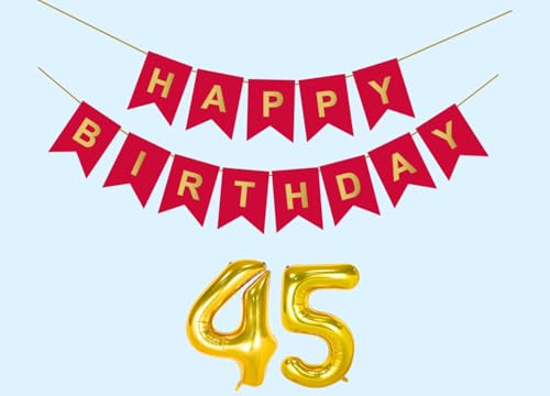 Image of 45th Happy Birthday Decoration Kit Red for 45 year Old Boys Girls Men with Number Forty-five Party Decorations Decor Celebration Items Item Set Combo Reusable Paper Banner